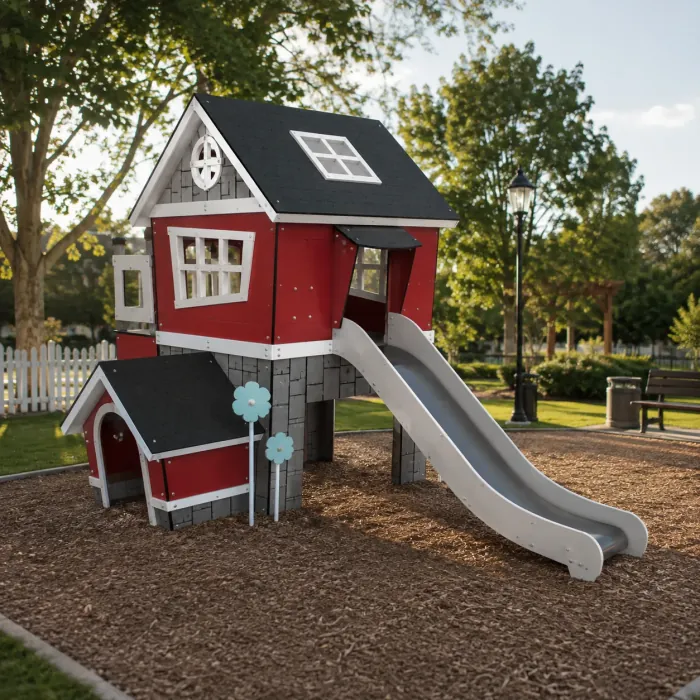 Red wooden playhouse with a grey slide and a small annex