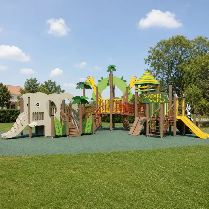 Safari-themed playground with elephant and giraffe figures