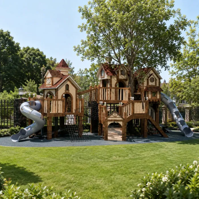 Wooden treehouse playground with two spiral tube slides