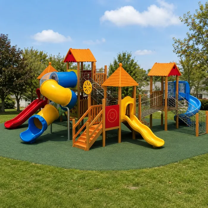 Large multi-tower playground with tube slides in orange, blue and yellow