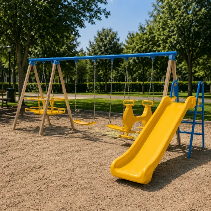 Swing set with a glider seat and a yellow slide on a blue frame