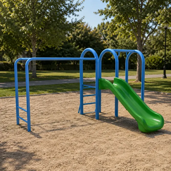 Blue climbing frame with monkey bars and a green slide