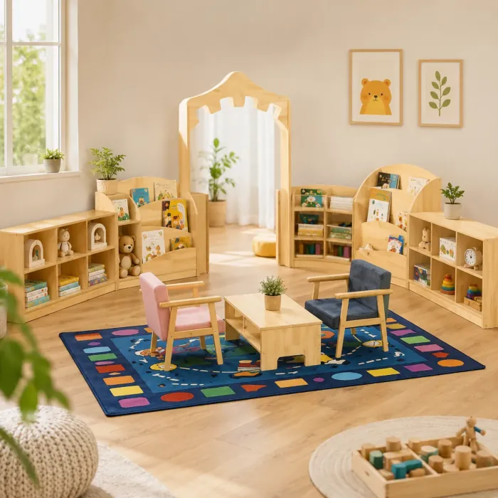 Playroom reading corner in pine with low bookcases, book display units, an arched puppet stage and two upholstered kids armchairs