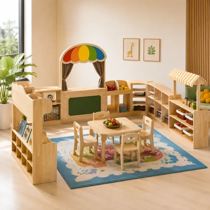 Playroom set in pine with a rainbow puppet stage and chalkboard, shelving, a play market stall and a table with four chairs