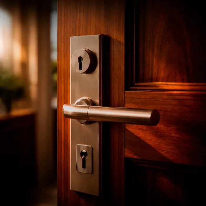 Brass lever handle on a long backplate with two keyholes, on a walnut interior door at dusk