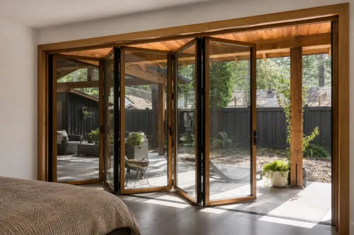 Wide wooden bifold door opening a bedroom onto a terrace