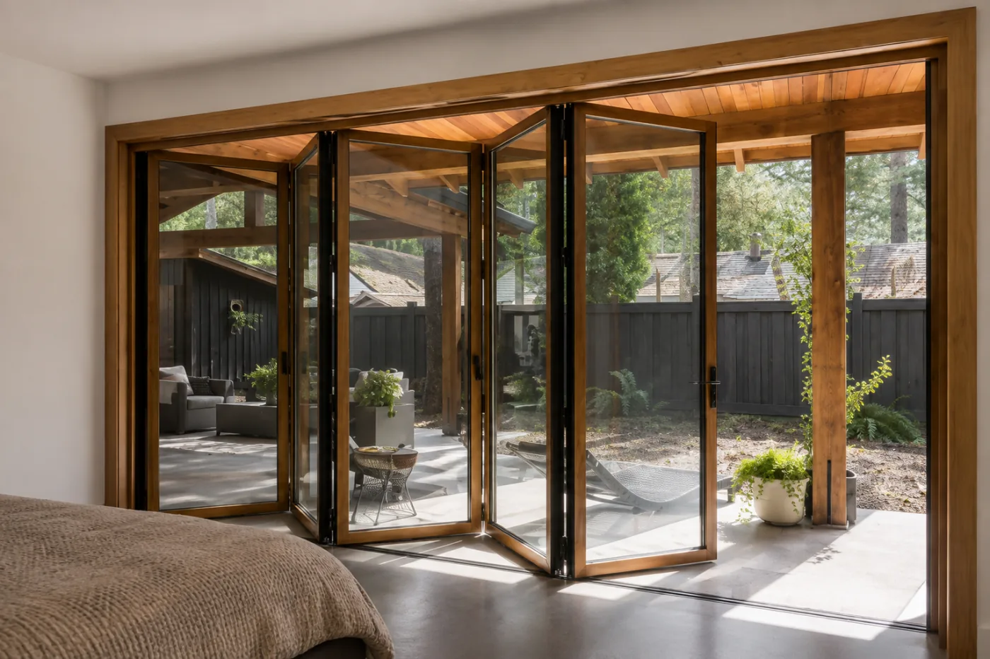 Wide wooden bifold door opening a bedroom onto a terrace