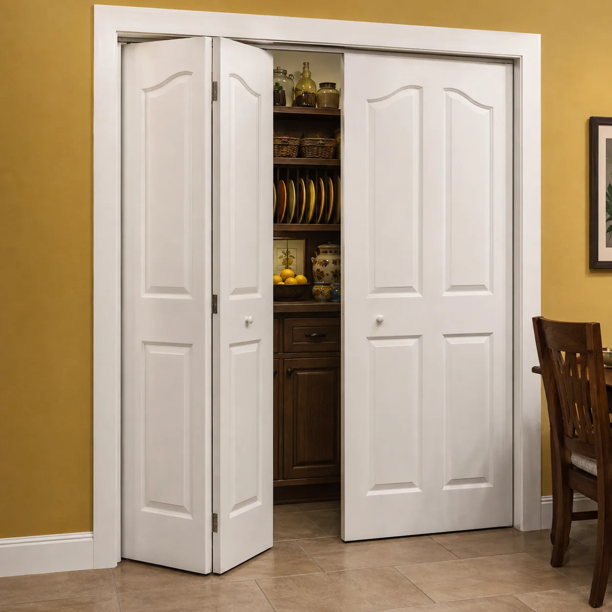 White panelled folding closet door open onto a pantry