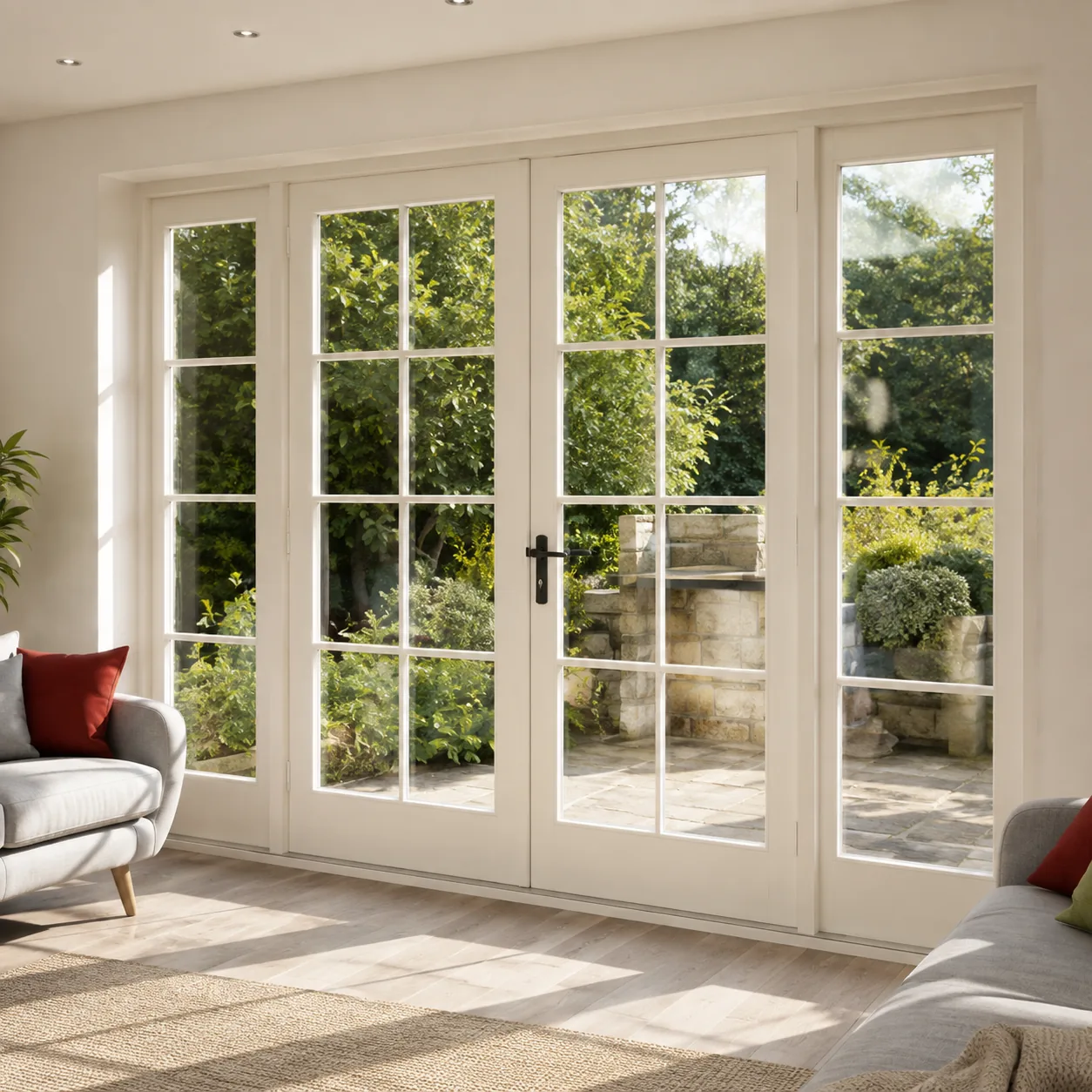 White glazed french doors opening a living room onto a garden terrace