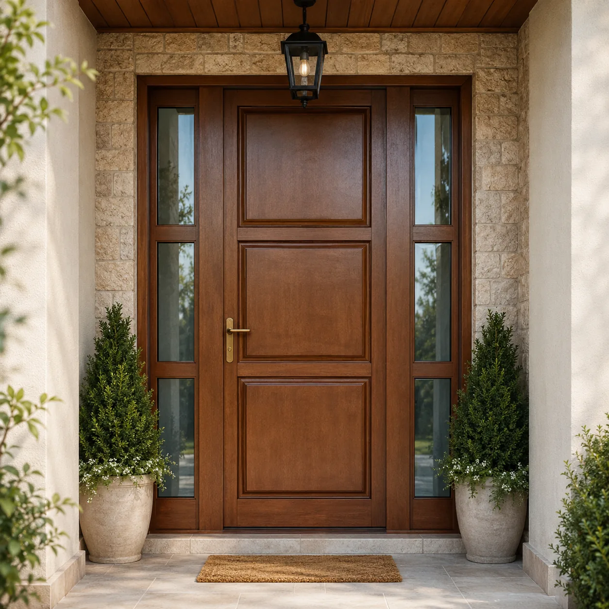 Mahogany entrance door with glass sidelights in a stone porch