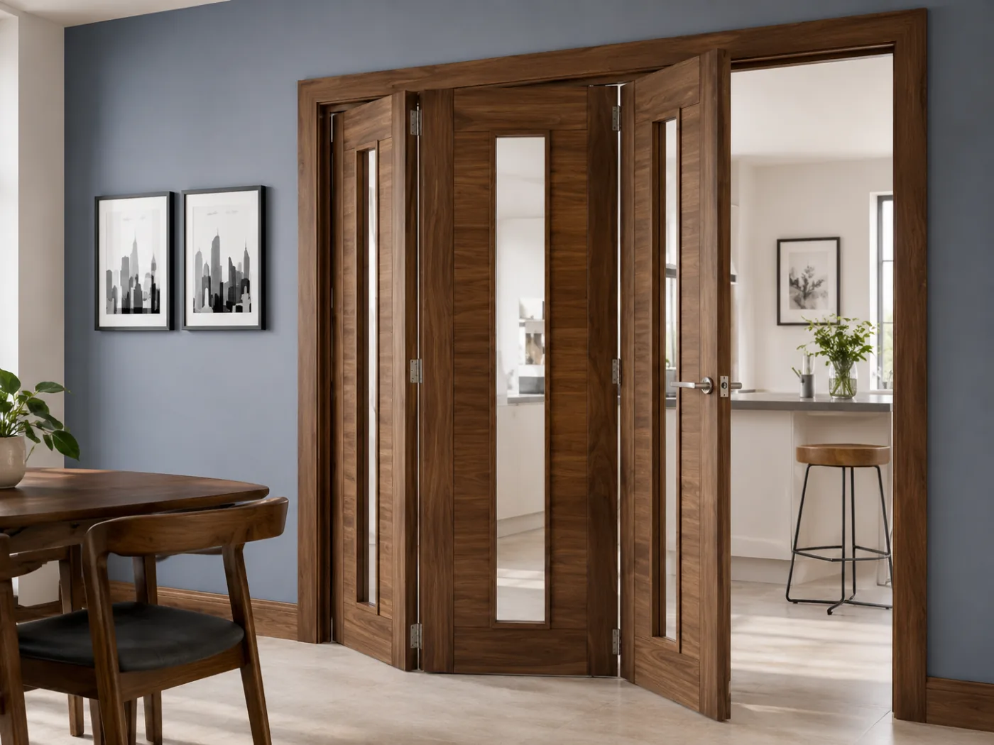 Walnut folding door with glass panels between a dining room and a kitchen