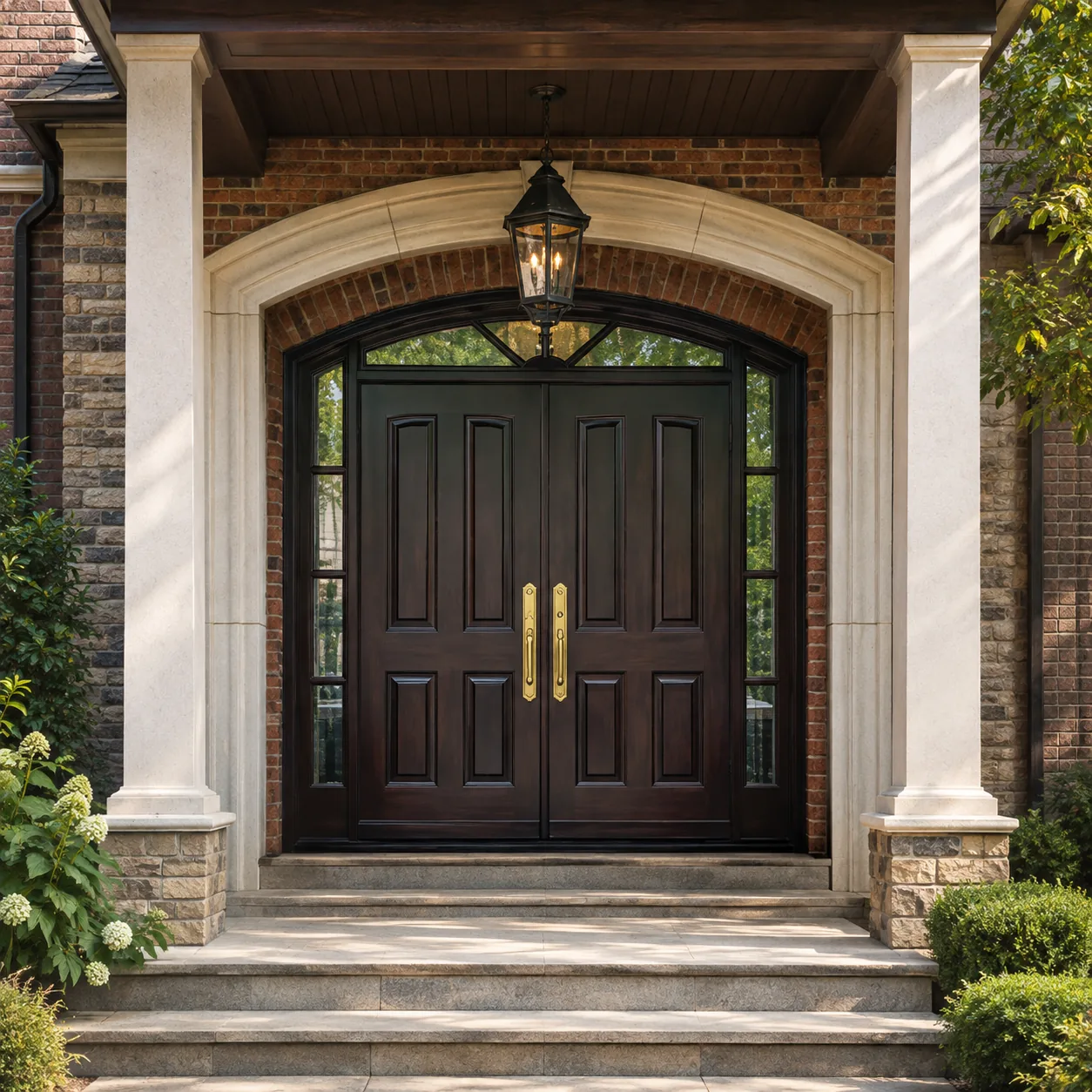 Dark wood double entrance door with brass handles under a brick arch