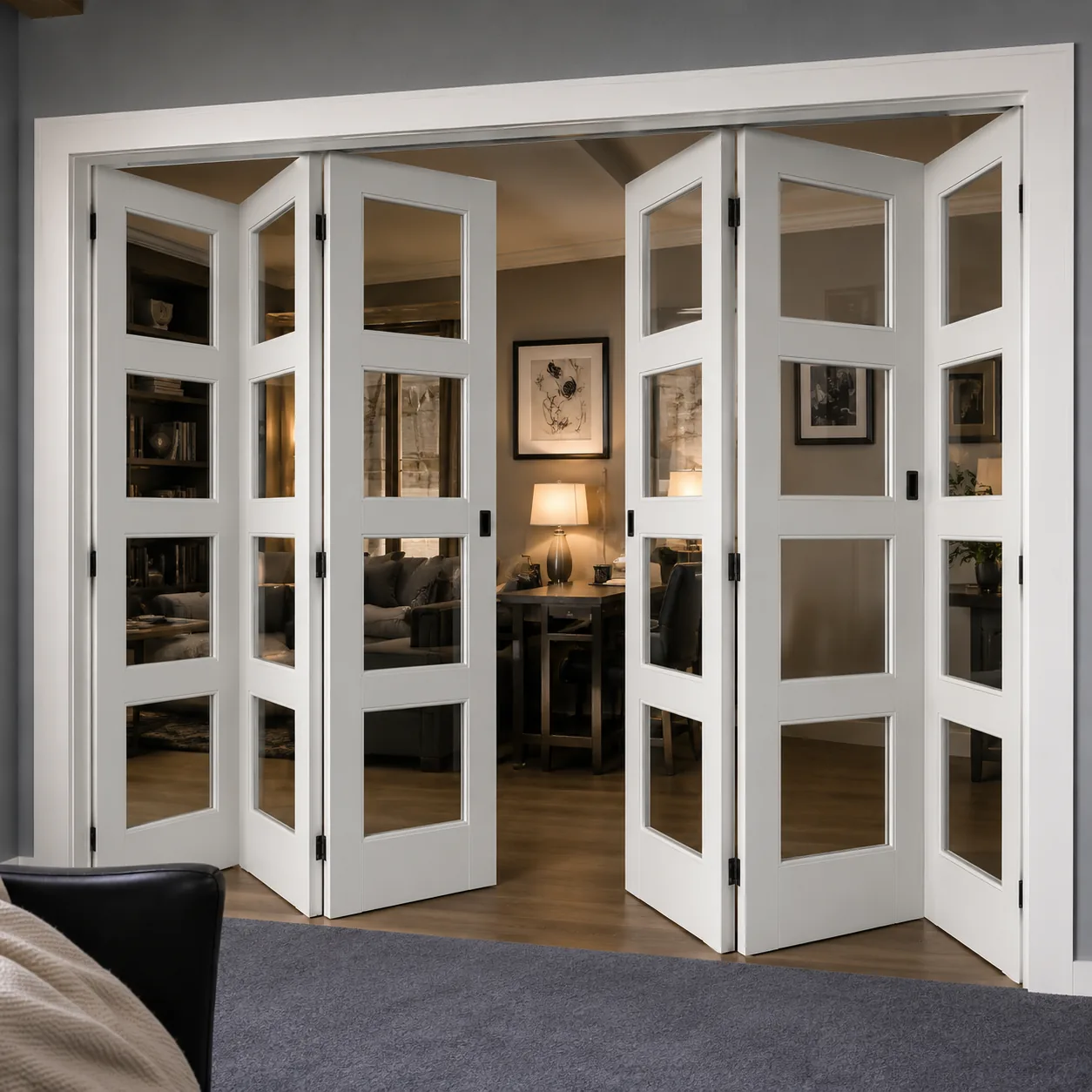 White four-panel folding door with glass panes dividing two living rooms
