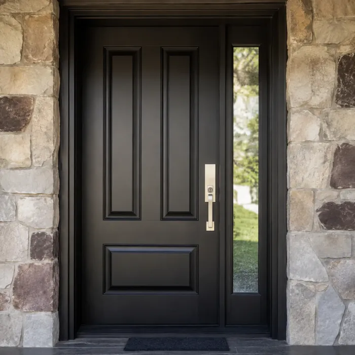 Black entrance door with a glass sidelight in a stone wall