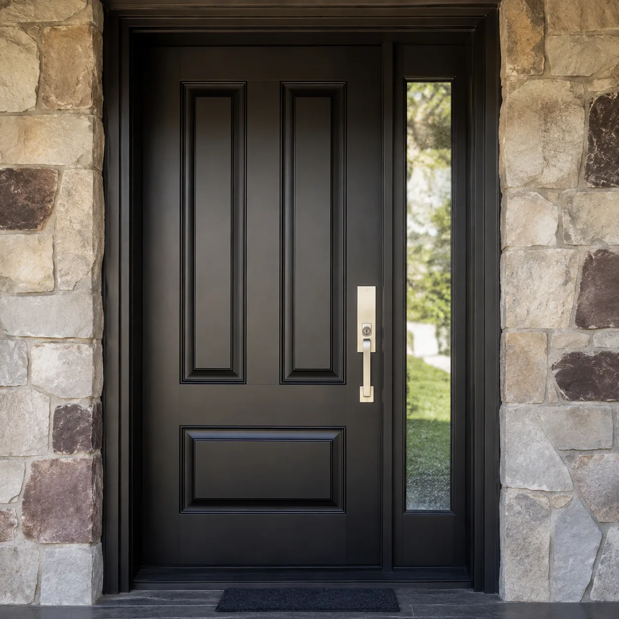 Black entrance door with a glass sidelight in a stone wall