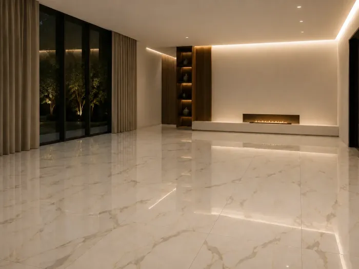 Polished white marble-effect porcelain floor in a living room with a linear fireplace