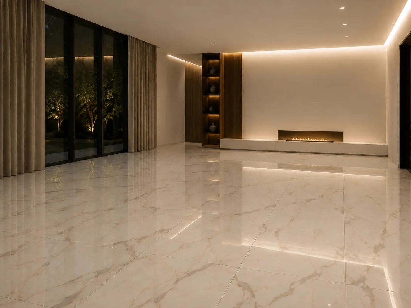 Polished white marble-effect porcelain floor in a living room with a linear fireplace