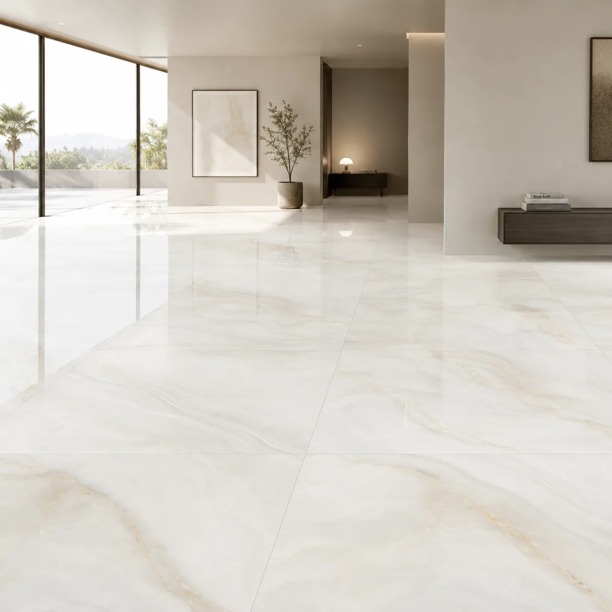 Large-format porcelain floor in cream with golden veining, facing a sea view