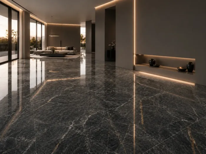 Dark grey marble-effect porcelain floor with white veining in a living room at dusk