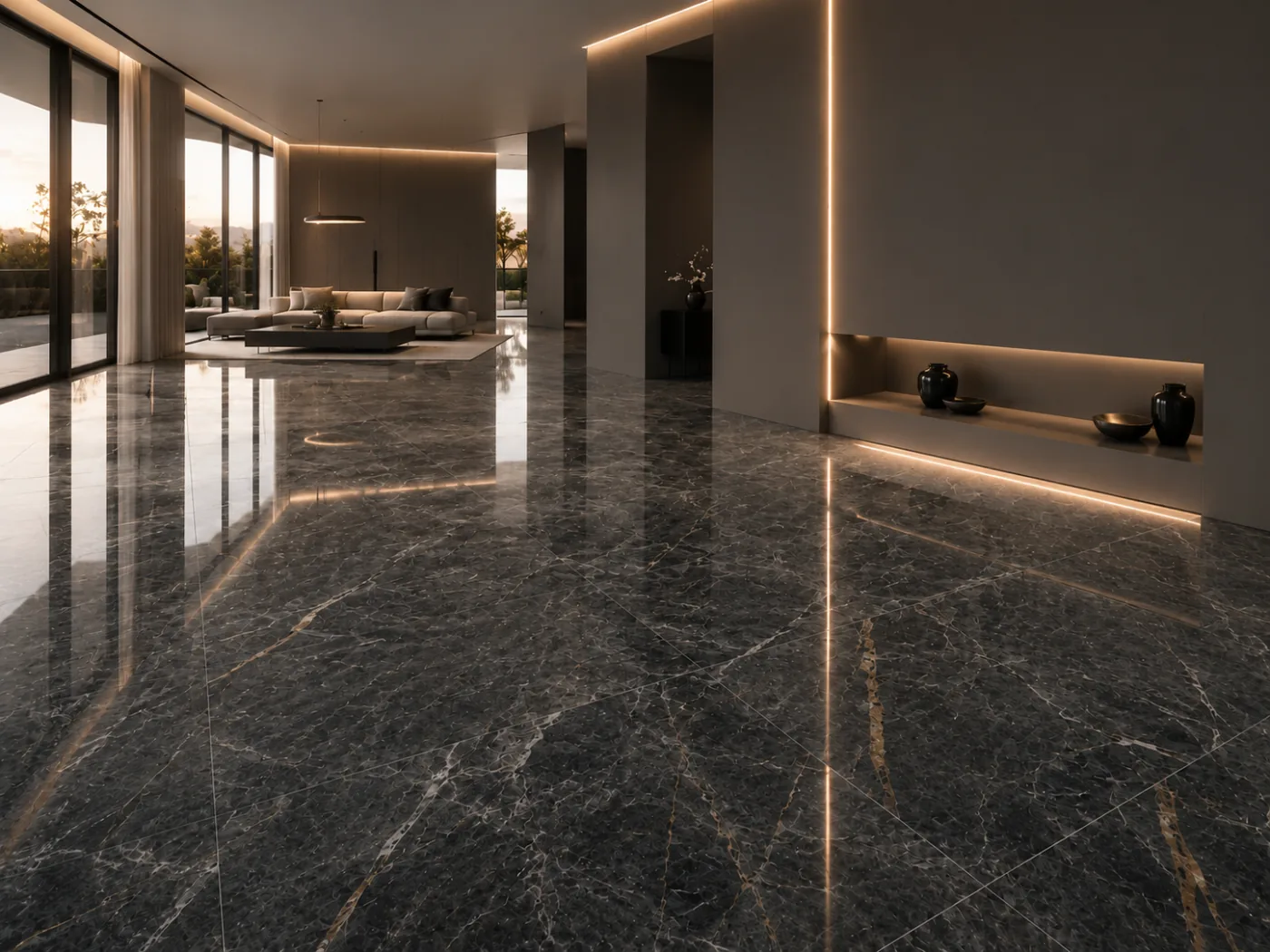 Dark grey marble-effect porcelain floor with white veining in a living room at dusk