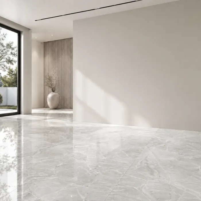 Large format polished porcelain covering floor and wall