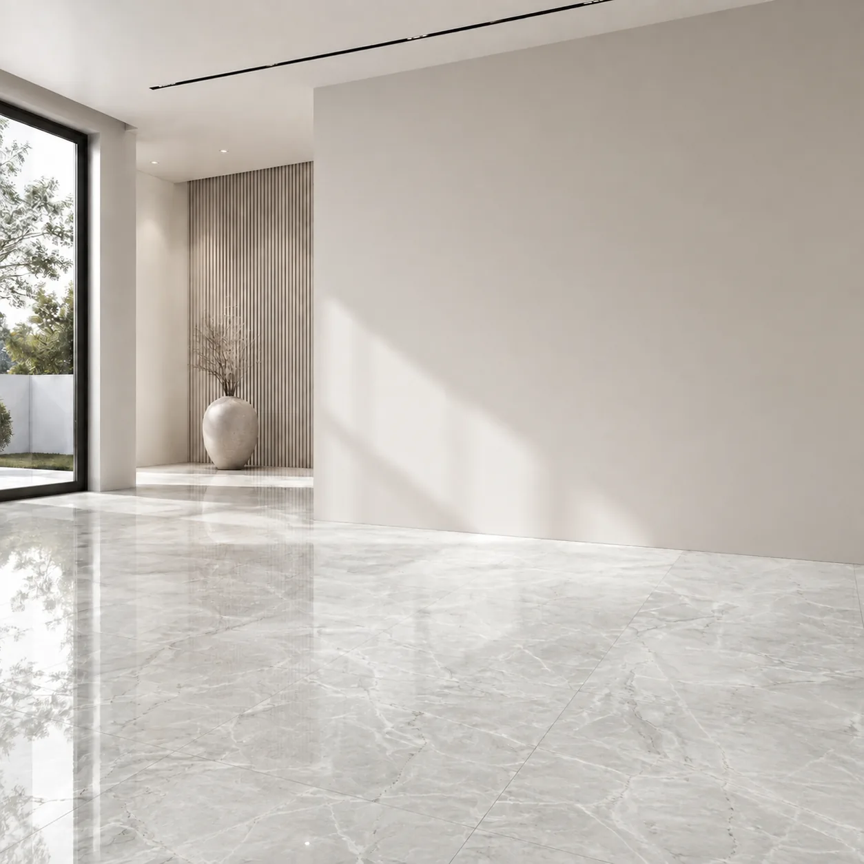 Light grey stone-effect porcelain floor lit by a window