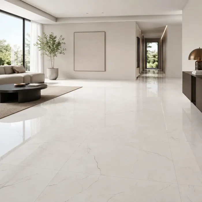 White porcelain floor with soft veining in a living room with a garden view
