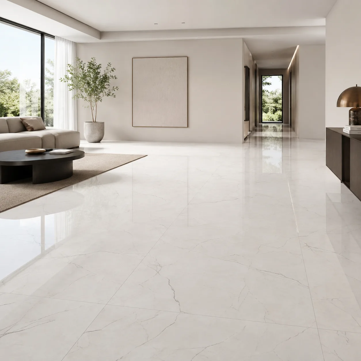 White porcelain floor with soft veining in a living room with a garden view