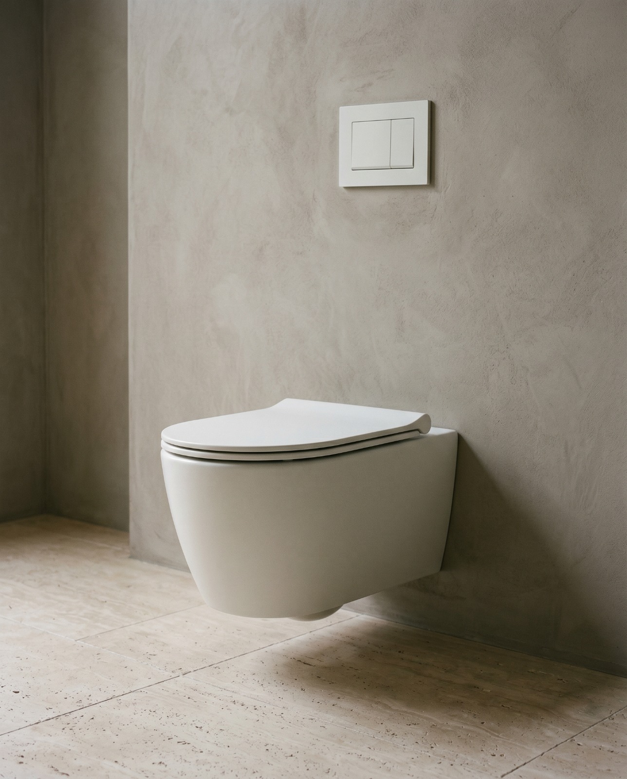 Soft-curved wall-hung ceramic toilet in a microcement bathroom