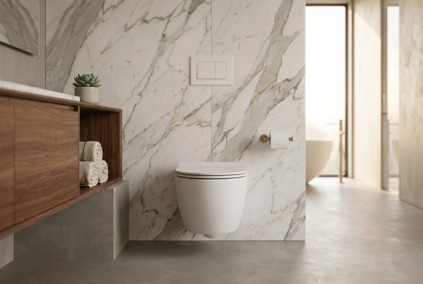 Wall-hung ceramic toilet in a Calacatta marble bathroom