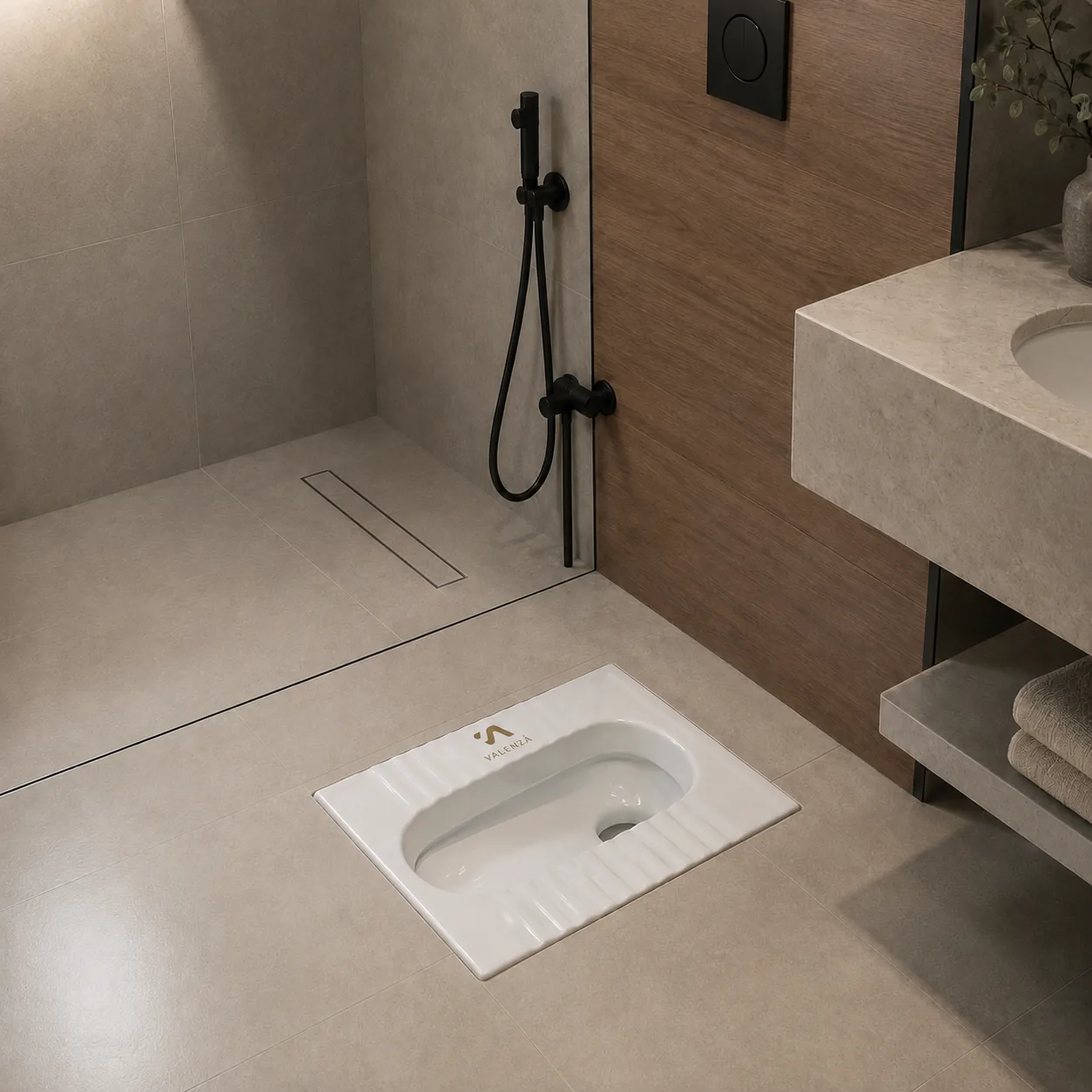 Squatting pan set flush with the floor in white ceramic