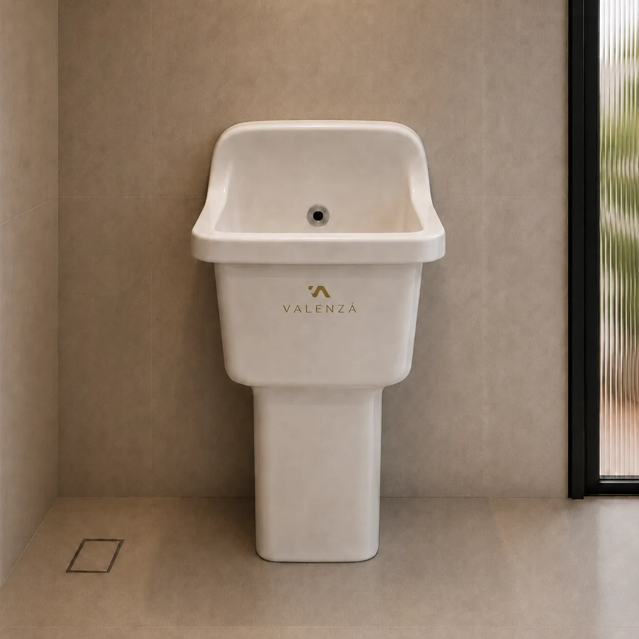 Deep service basin in white ceramic on a pedestal, with a raised back