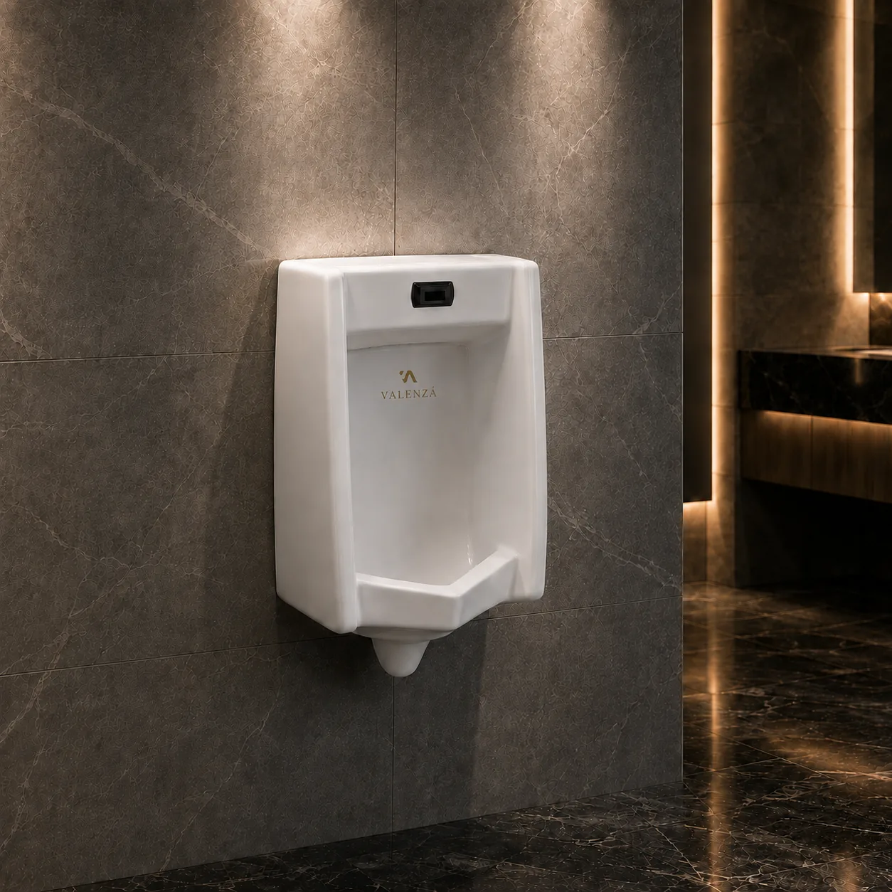Angular wall-hung urinal in white ceramic with an infrared flush sensor