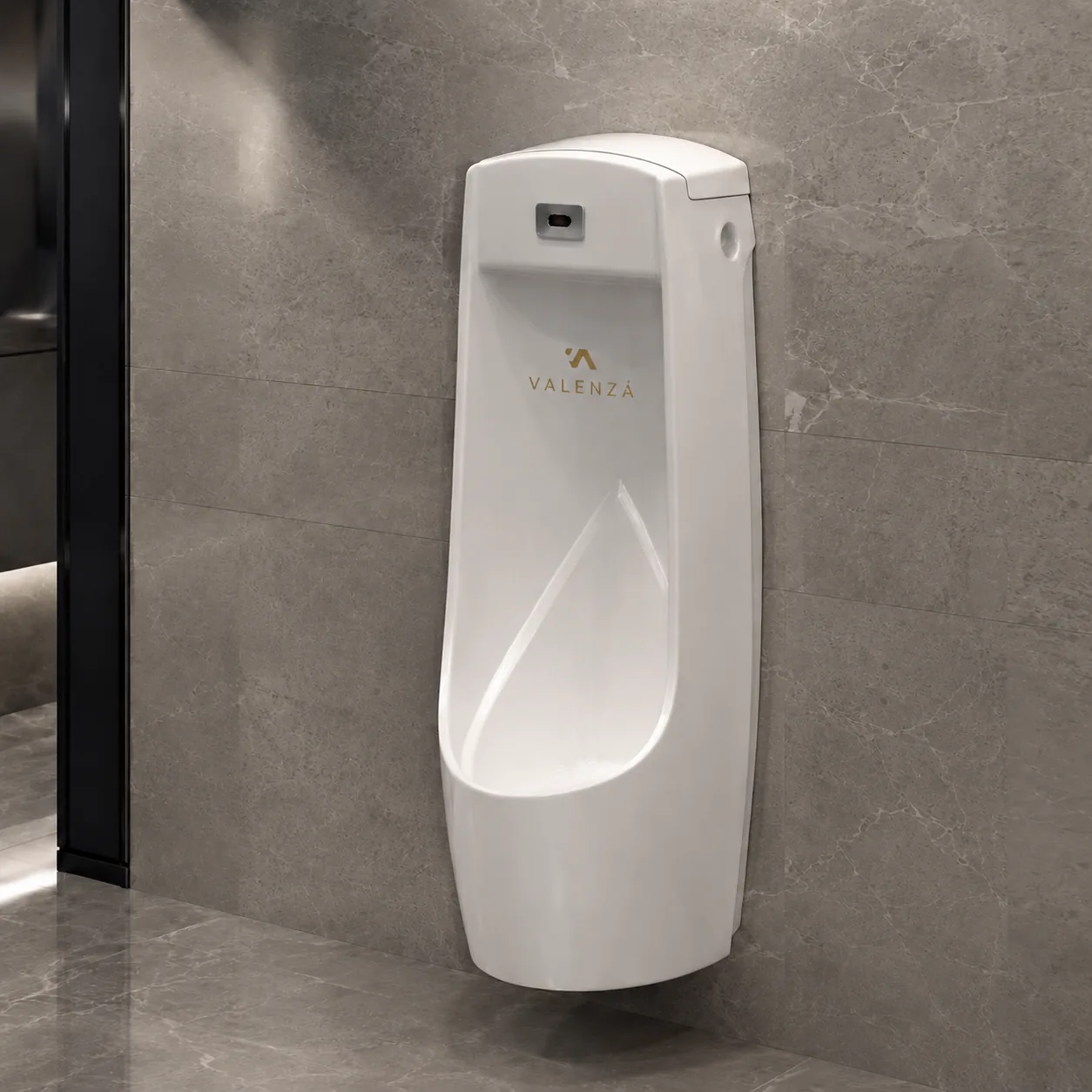 Full-height urinal reaching the floor, with an infrared flush sensor